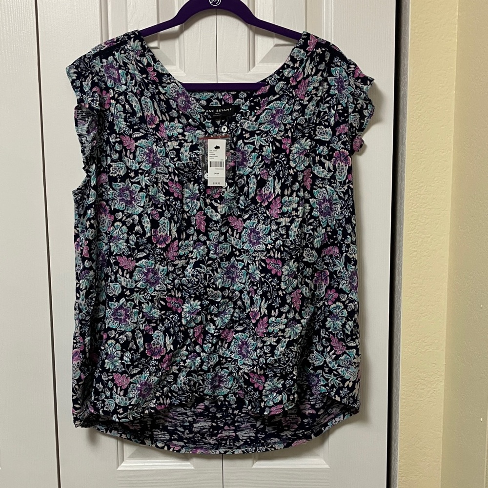 Lane Bryant Black and Purple Floral Blouse